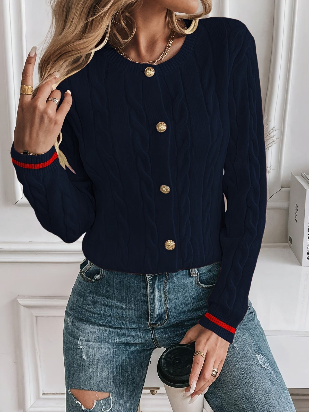 Women's Contrast Trim Cable Knit Cardigan - Navy