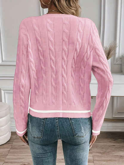 Women's Contrast Trim Cable Knit Cardigan - Pink