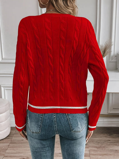Women's Contrast Trim Cable Knit Cardigan - Red