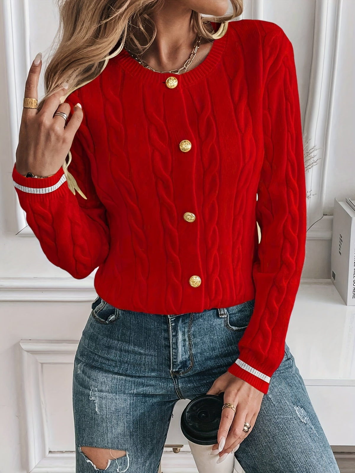 Women's Contrast Trim Cable Knit Cardigan - Red