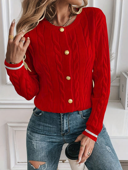 Women's Contrast Trim Cable Knit Cardigan - Red