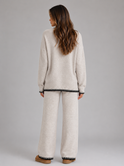 Women's Contrast Trim Sweater Pant Set - Beige