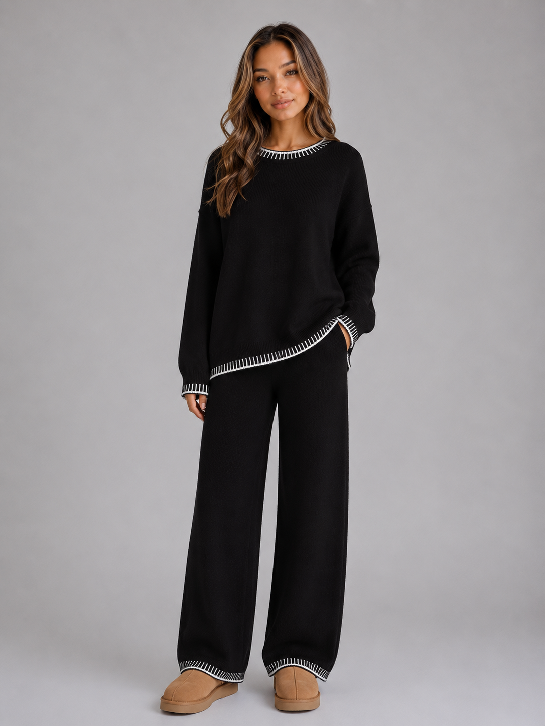 Women's Contrast Trim Sweater Pant Set - Black