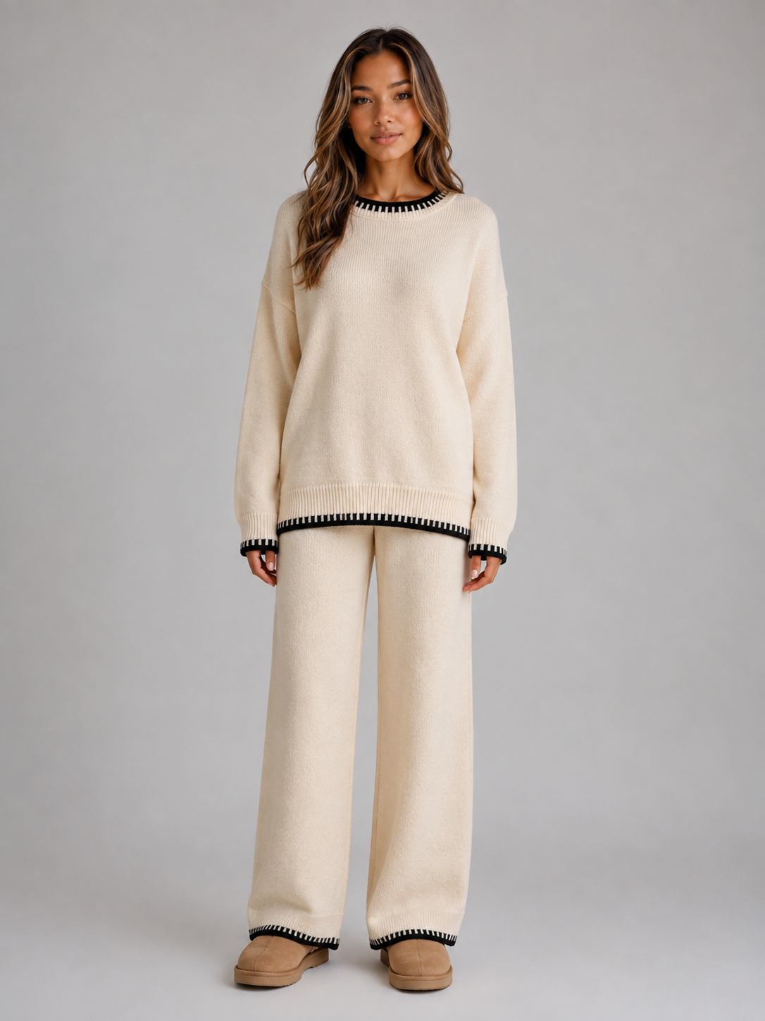 Women's Contrast Trim Sweater Pant Set - Cream