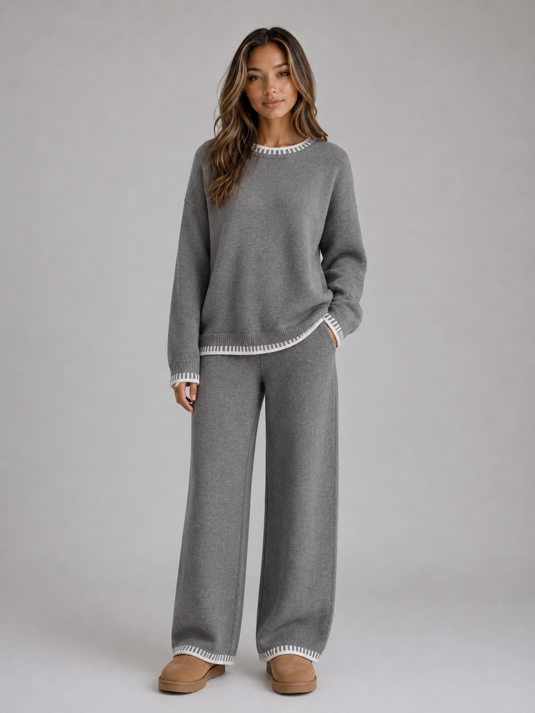 Women's Contrast Trim Sweater Pant Set - Gray