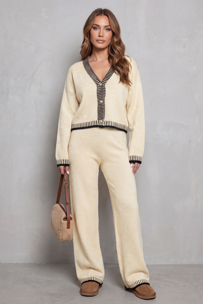 Women's Contrast Trim V-Neck Loungewear Set - Ivory