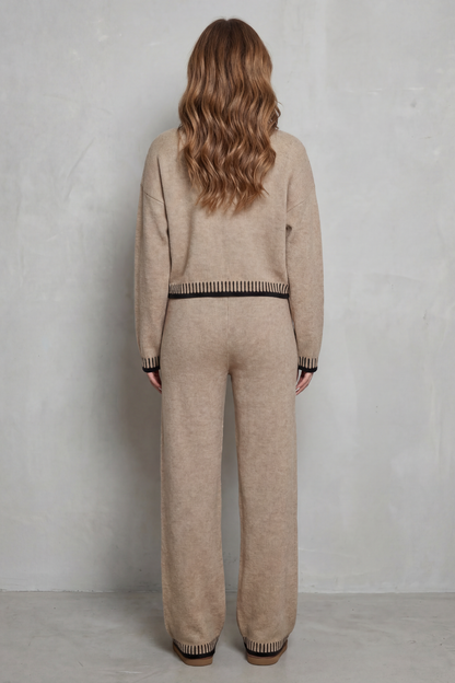 Women's Contrast Trim V-Neck Loungewear Set - Khaki