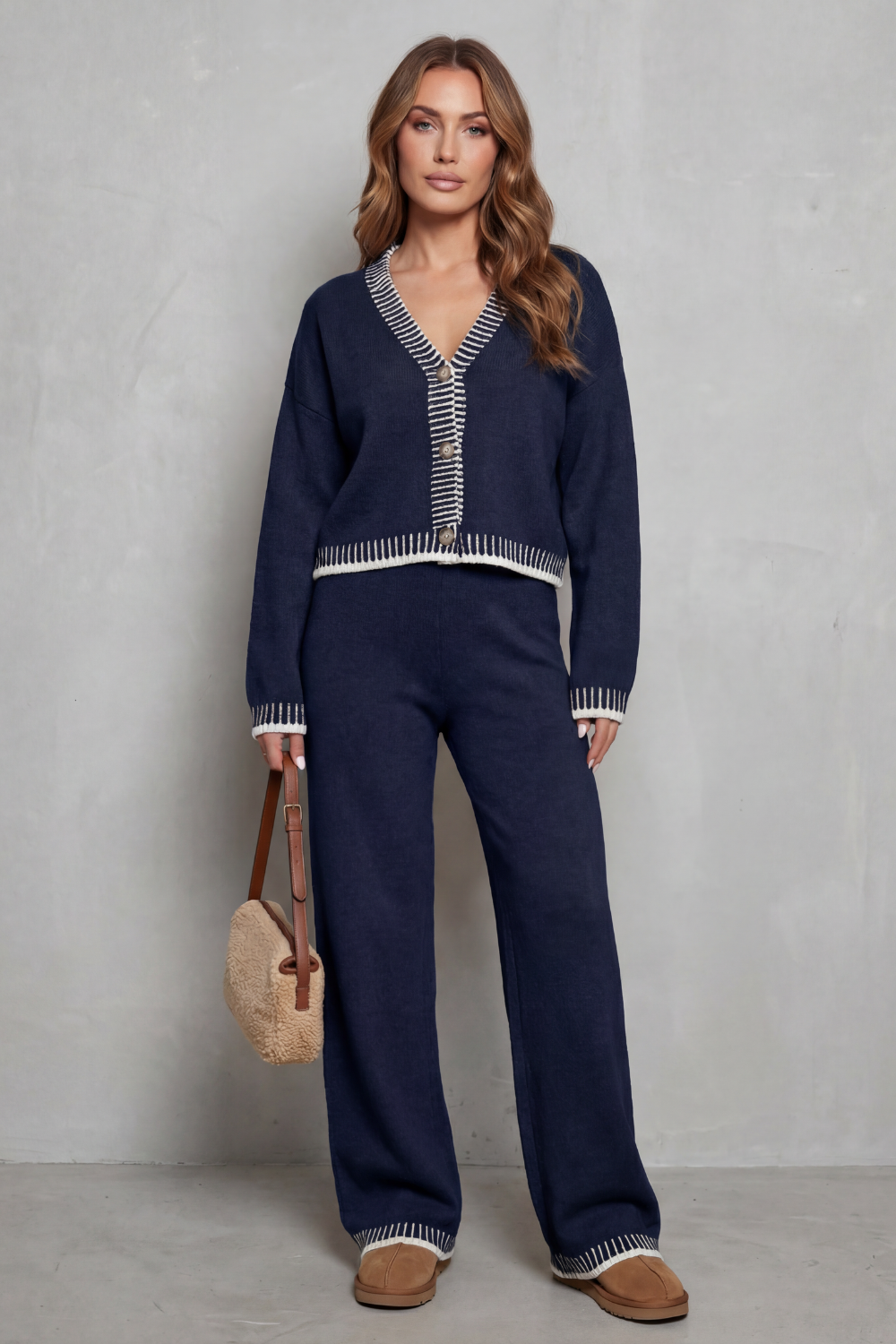 Women's Contrast Trim V-Neck Loungewear Set - Navy