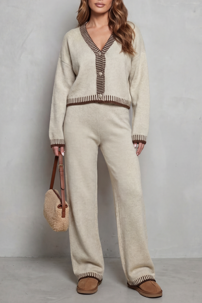 Women's Contrast Trim V-Neck Loungewear Set - Oatmeal