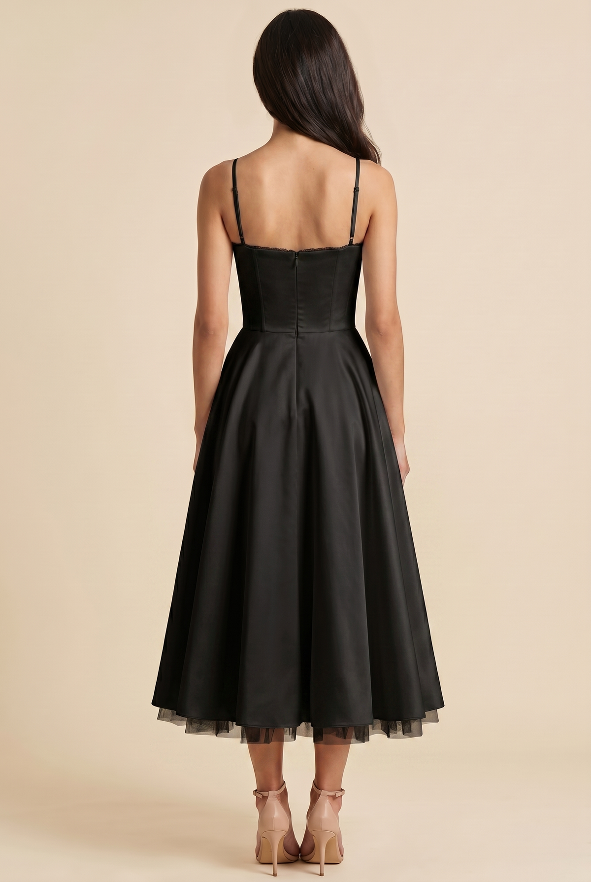 Women's Corset Midi Wedding Guest Dress - Black