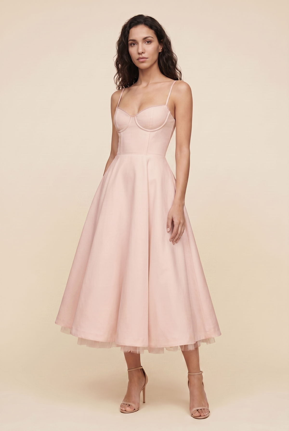 Women's Corset Midi Wedding Guest Dress - Blush Pink