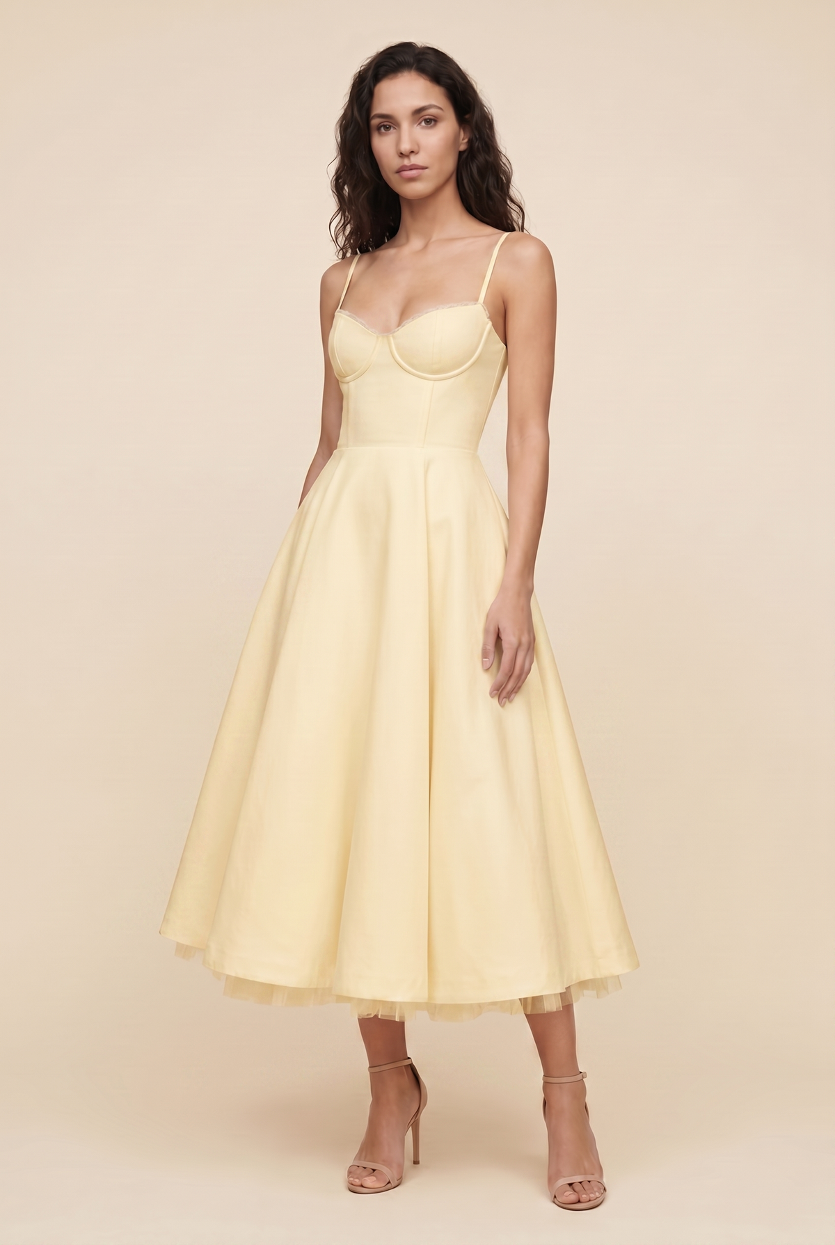 Women's Corset Midi Wedding Guest Dress - Butter Yellow