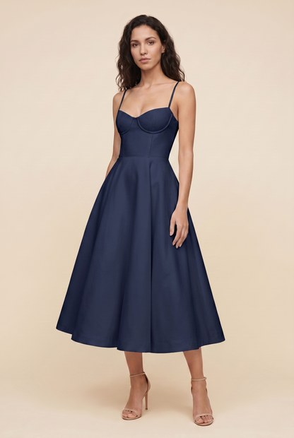 Women's Corset Midi Wedding Guest Dress - Dark Blue