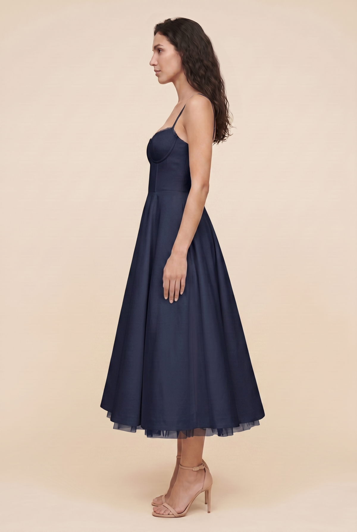 Women's Corset Midi Wedding Guest Dress - Dark Blue