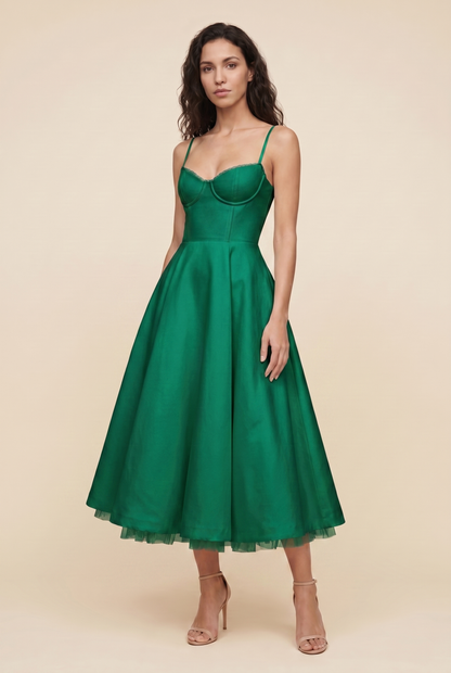 Women's Corset Midi Wedding Guest Dress - Green