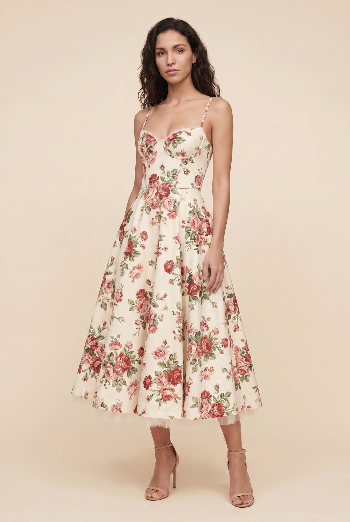Women's Corset Midi Wedding Guest Dress - Ivory Floral