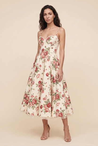Women's Corset Midi Wedding Guest Dress - Ivory Floral