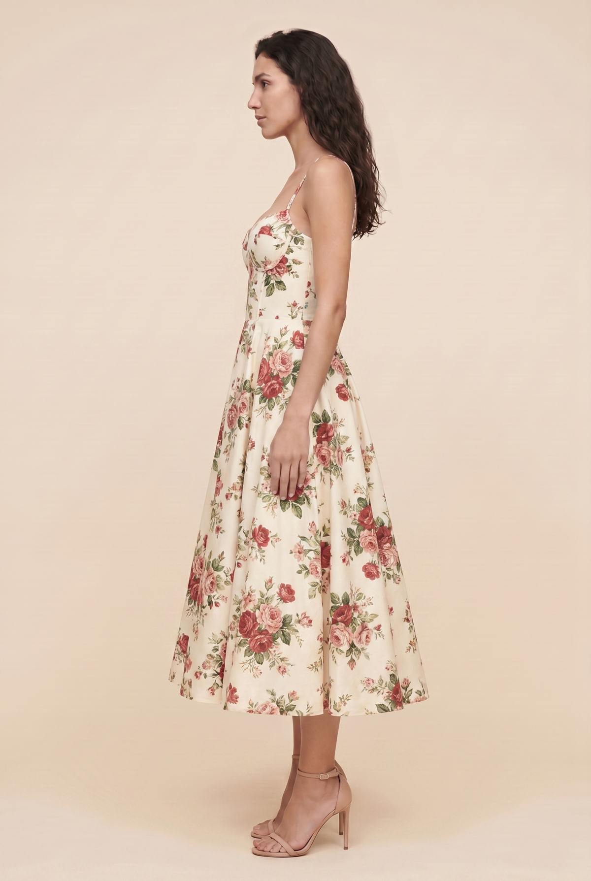 Women's Corset Midi Wedding Guest Dress - Ivory Floral