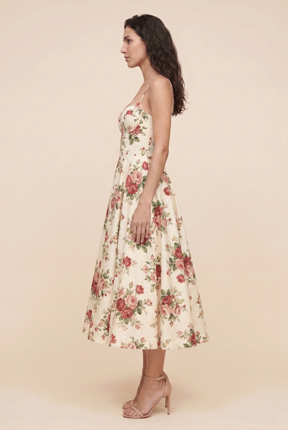 Women's Corset Midi Wedding Guest Dress - Ivory Floral