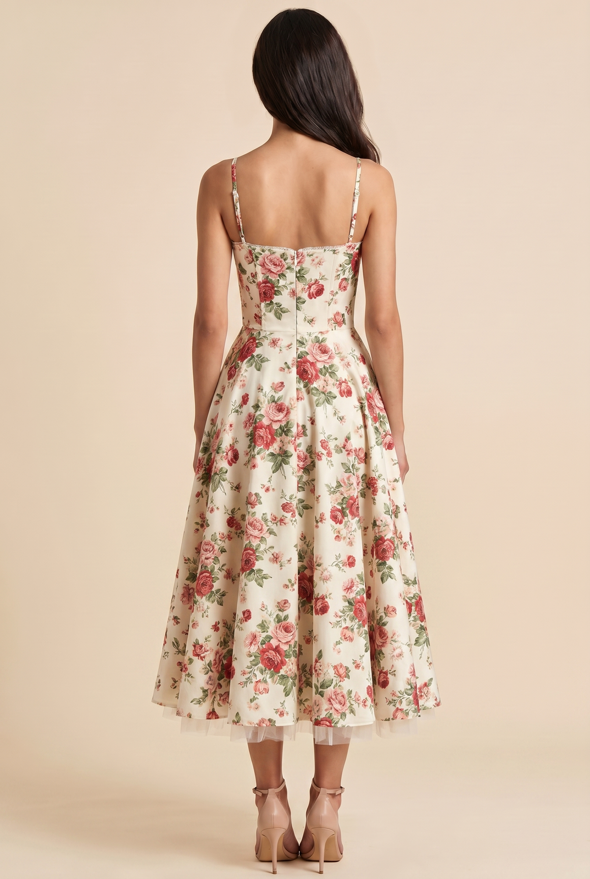 Women's Corset Midi Wedding Guest Dress - Ivory Floral