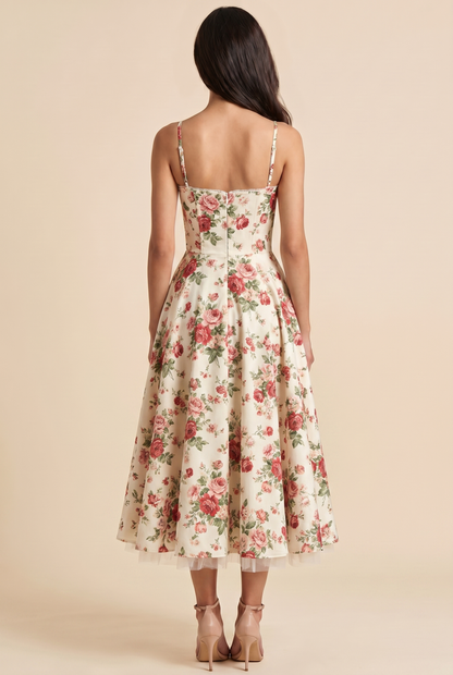 Women's Corset Midi Wedding Guest Dress - Ivory Floral