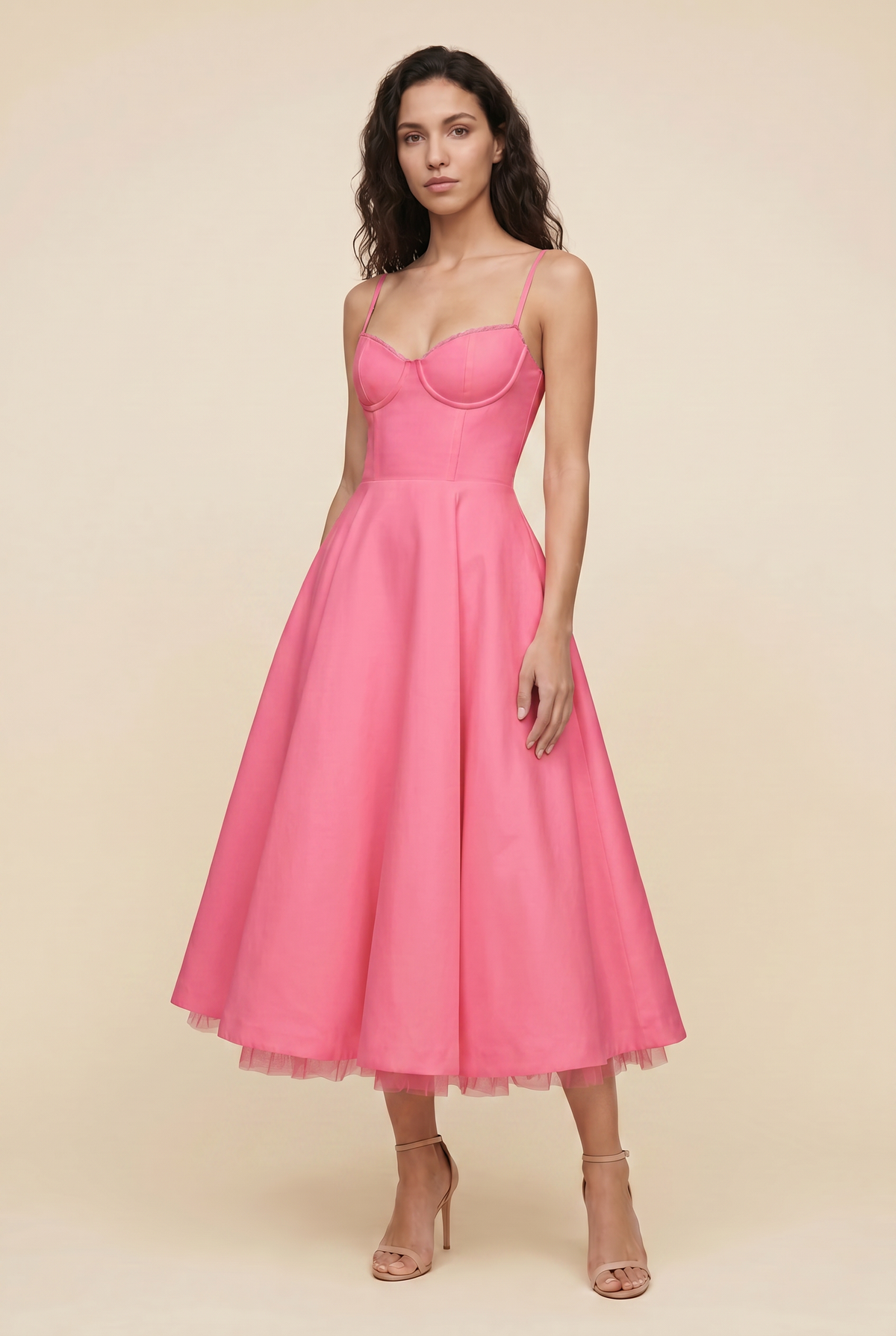 Women's Corset Midi Wedding Guest Dress - Pink