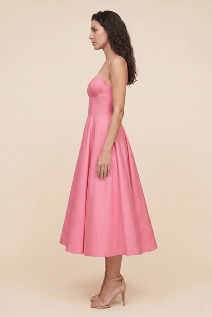Women's Corset Midi Wedding Guest Dress - Pink