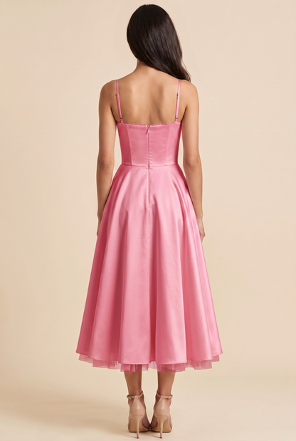 Women's Corset Midi Wedding Guest Dress - Pink