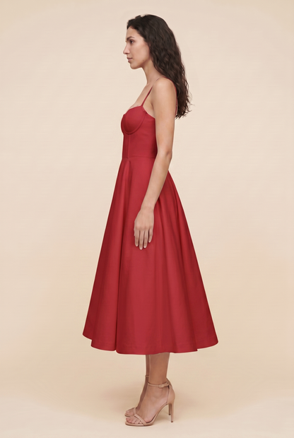 Women's Corset Midi Wedding Guest Dress - Red