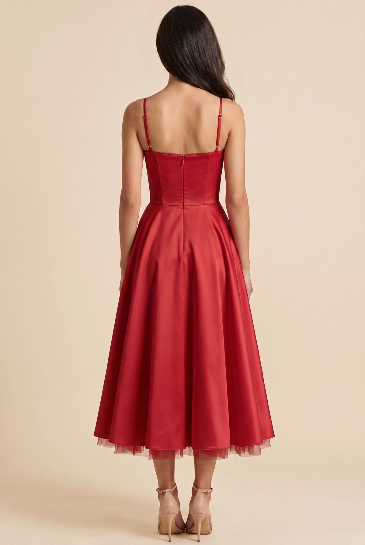 Women's Corset Midi Wedding Guest Dress - Red