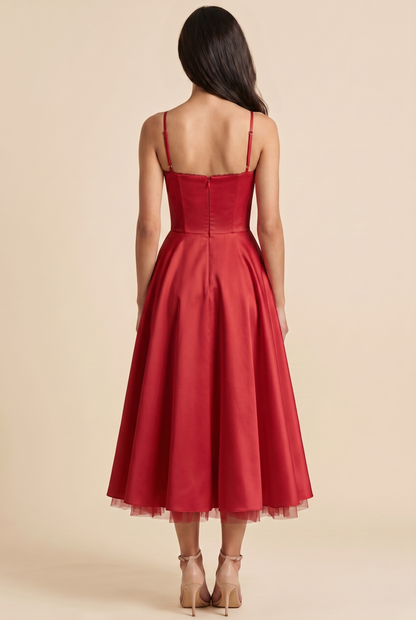 Women's Corset Midi Wedding Guest Dress - Red