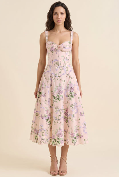 Women's Corset Sweetheart Neck A-Line Midi Dress - Blush Lilac Floral