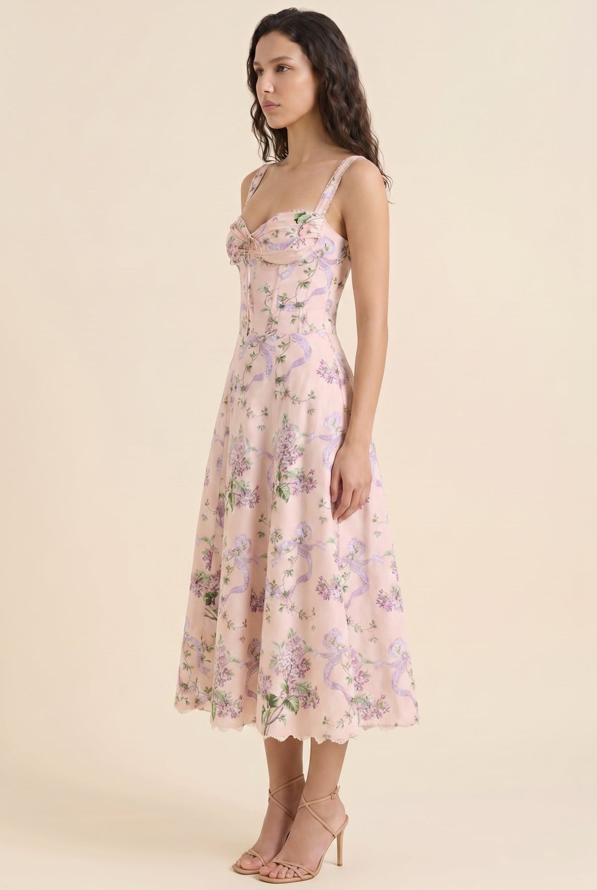 Women's Corset Sweetheart Neck A-Line Midi Dress - Blush Lilac Floral