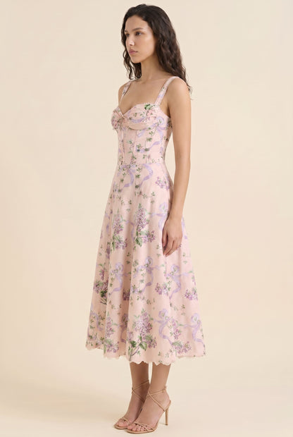 Women's Corset Sweetheart Neck A-Line Midi Dress - Blush Lilac Floral