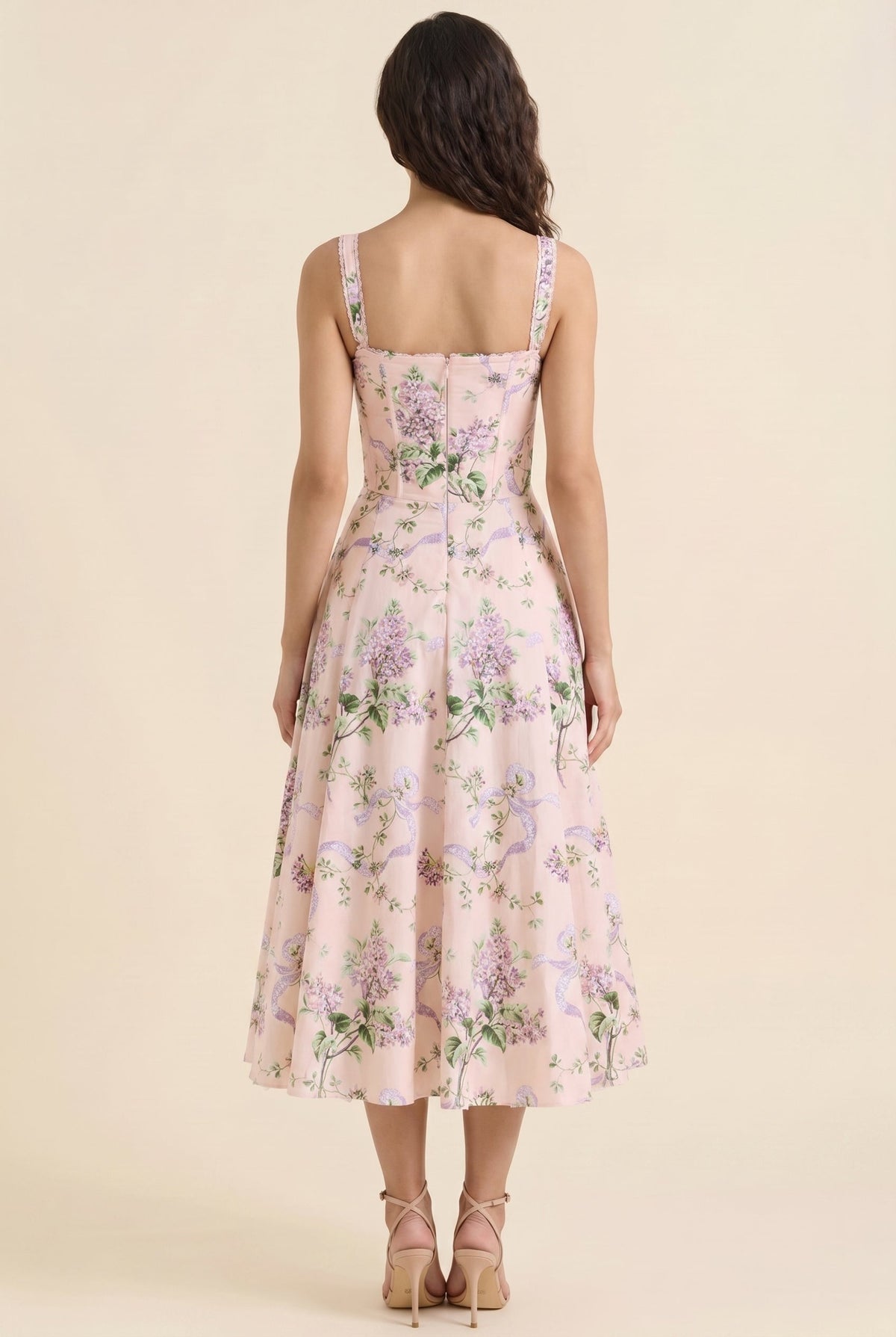 Women's Corset Sweetheart Neck A-Line Midi Dress - Blush Lilac Floral
