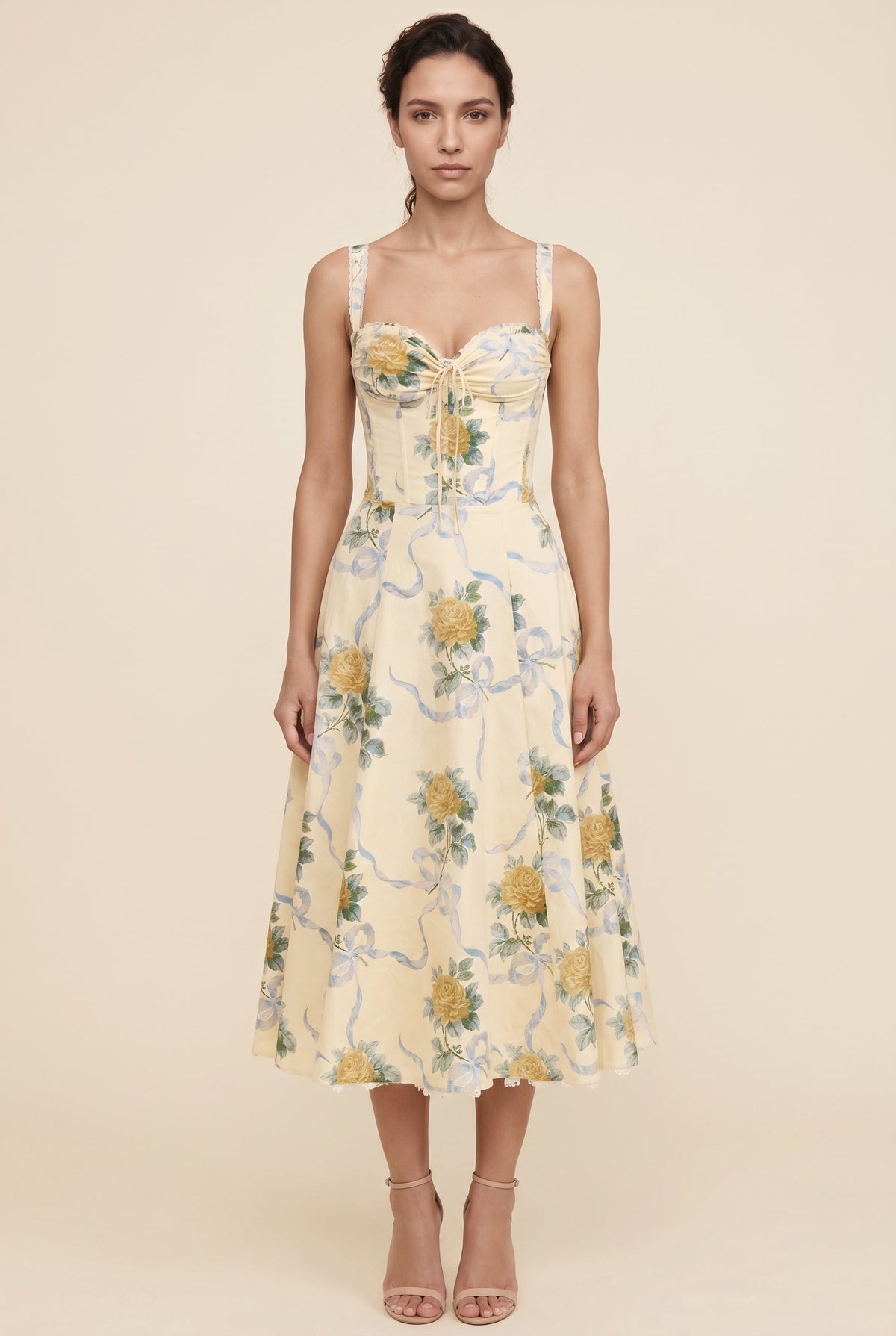 Women's Corset Sweetheart Neck A-Line Midi Dress - Butter Yellow Floral