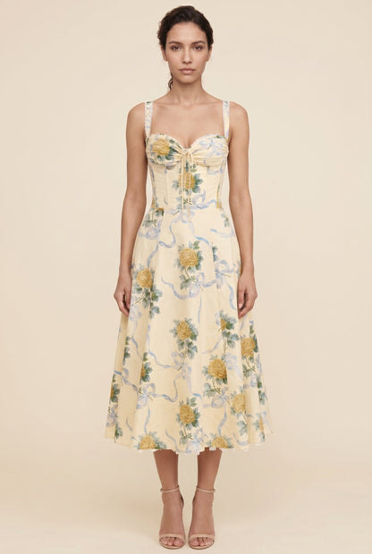 Women's Corset Sweetheart Neck A-Line Midi Dress - Butter Yellow Floral