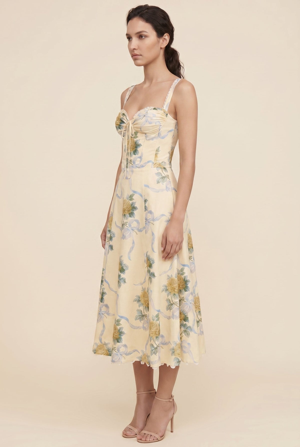 Women's Corset Sweetheart Neck A-Line Midi Dress - Butter Yellow Floral