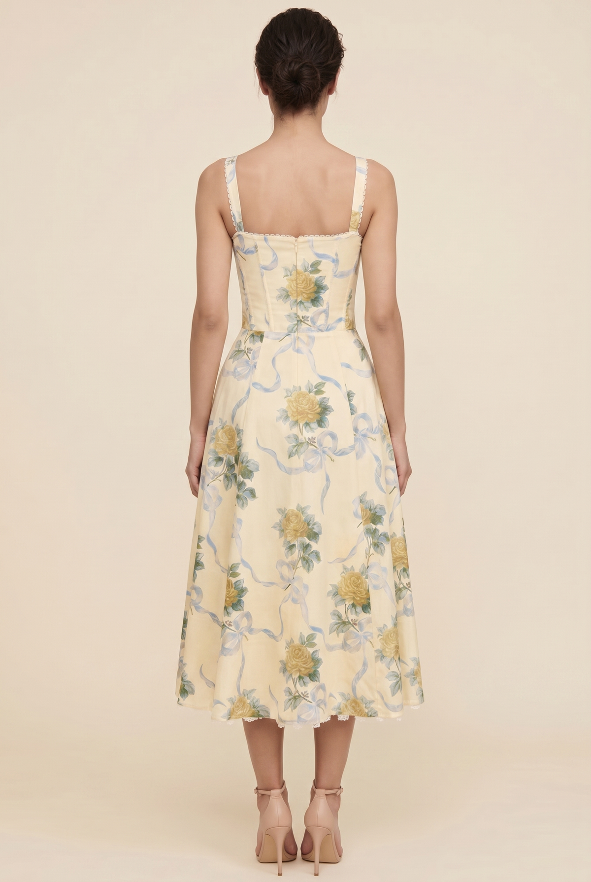 Women's Corset Sweetheart Neck A-Line Midi Dress - Butter Yellow Floral