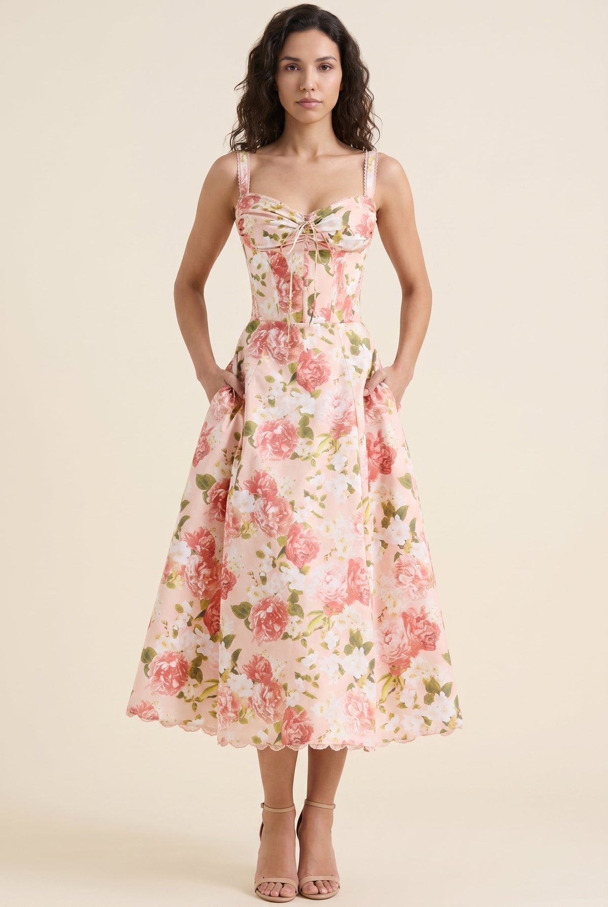 Women's Corset Sweetheart Neck A-Line Midi Dress - Coral Floral