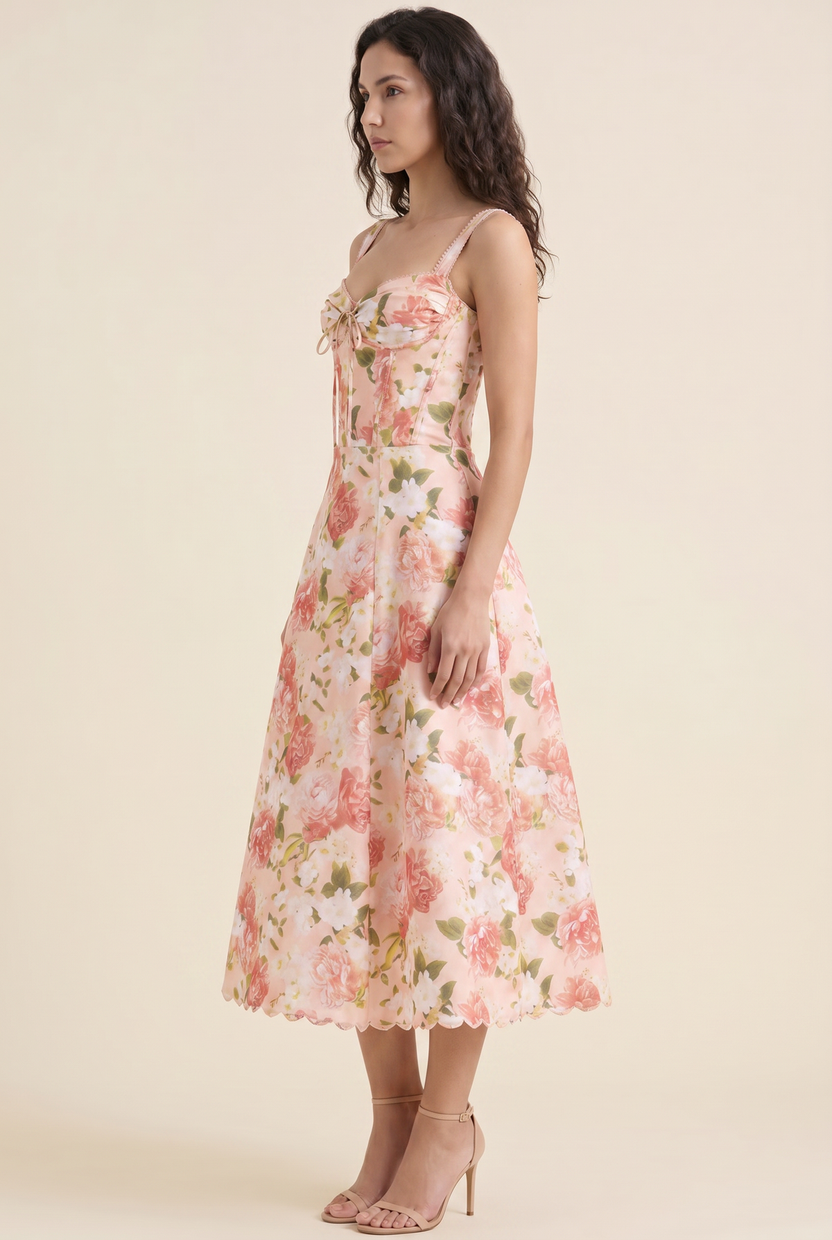 Women's Corset Sweetheart Neck A-Line Midi Dress - Coral Floral