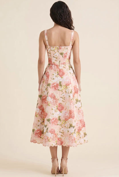 Women's Corset Sweetheart Neck A-Line Midi Dress - Coral Floral