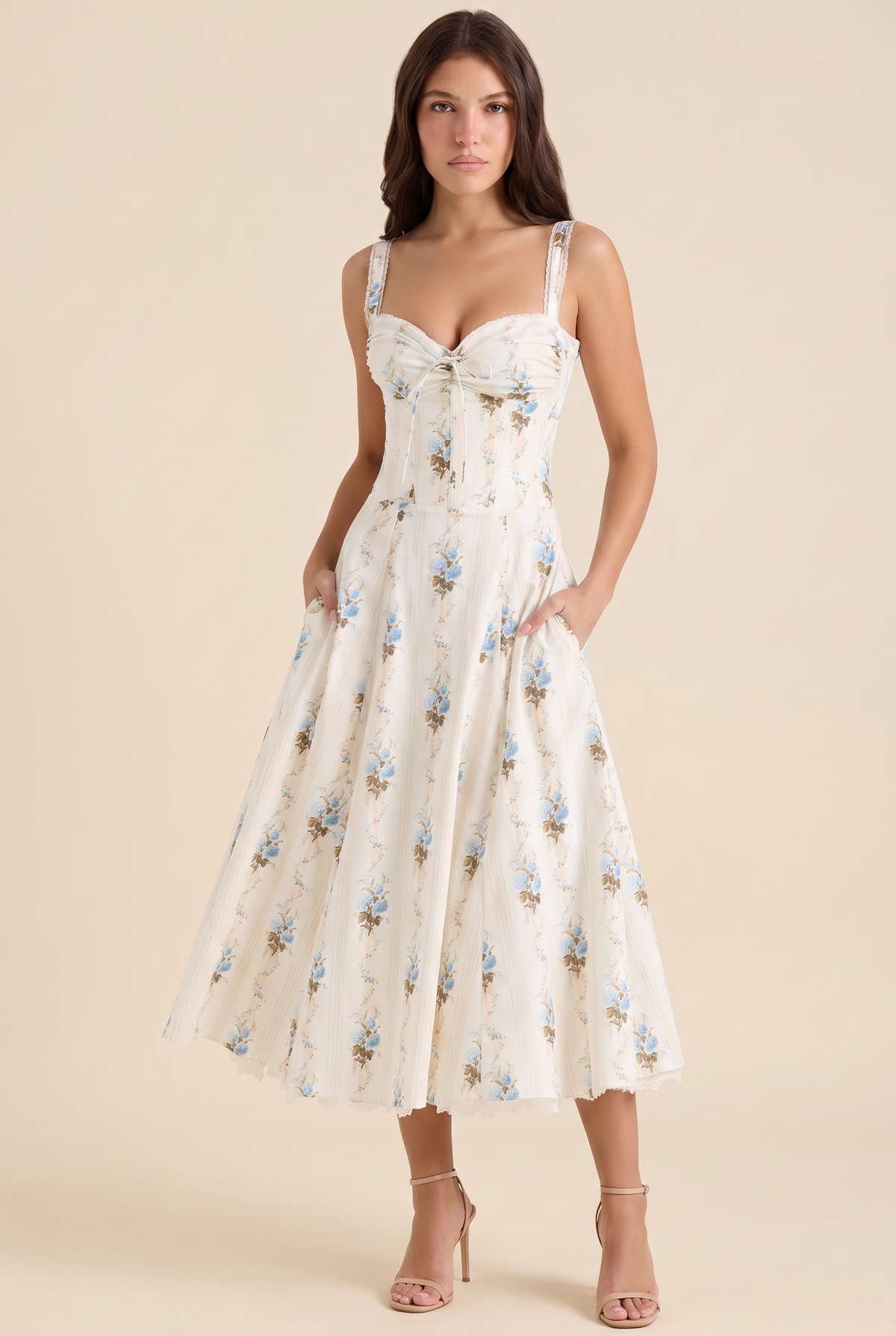 Women's Corset Sweetheart Neck A-Line Midi Dress - Ivory Blue Floral