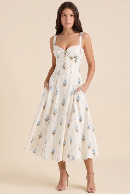 Women's Corset Sweetheart Neck A-Line Midi Dress - Ivory Blue Floral