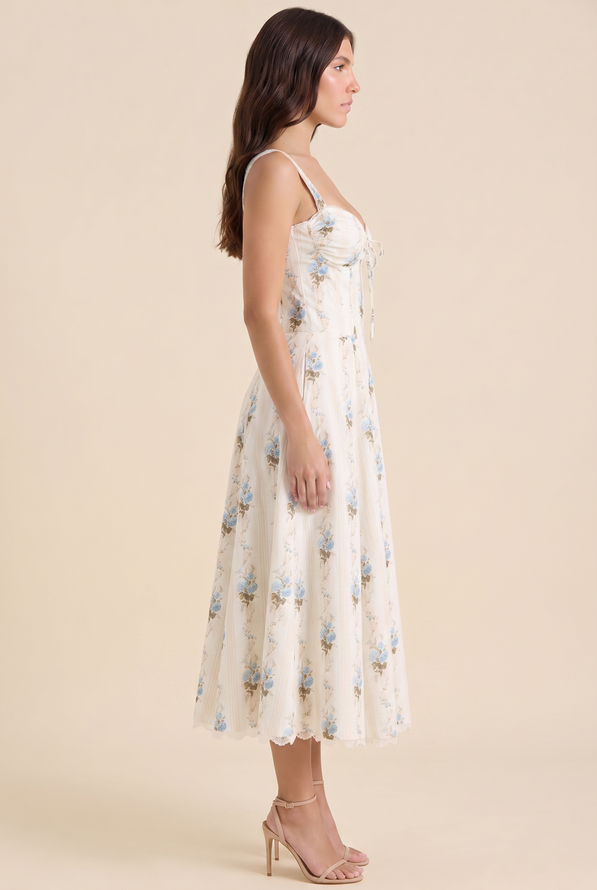 Women's Corset Sweetheart Neck A-Line Midi Dress - Ivory Blue Floral