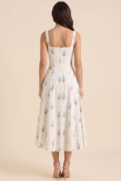 Women's Corset Sweetheart Neck A-Line Midi Dress - Ivory Blue Floral