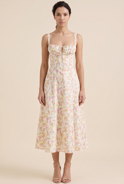 Women's Corset Sweetheart Neck A-Line Midi Dress - Ivory Yellow Floral