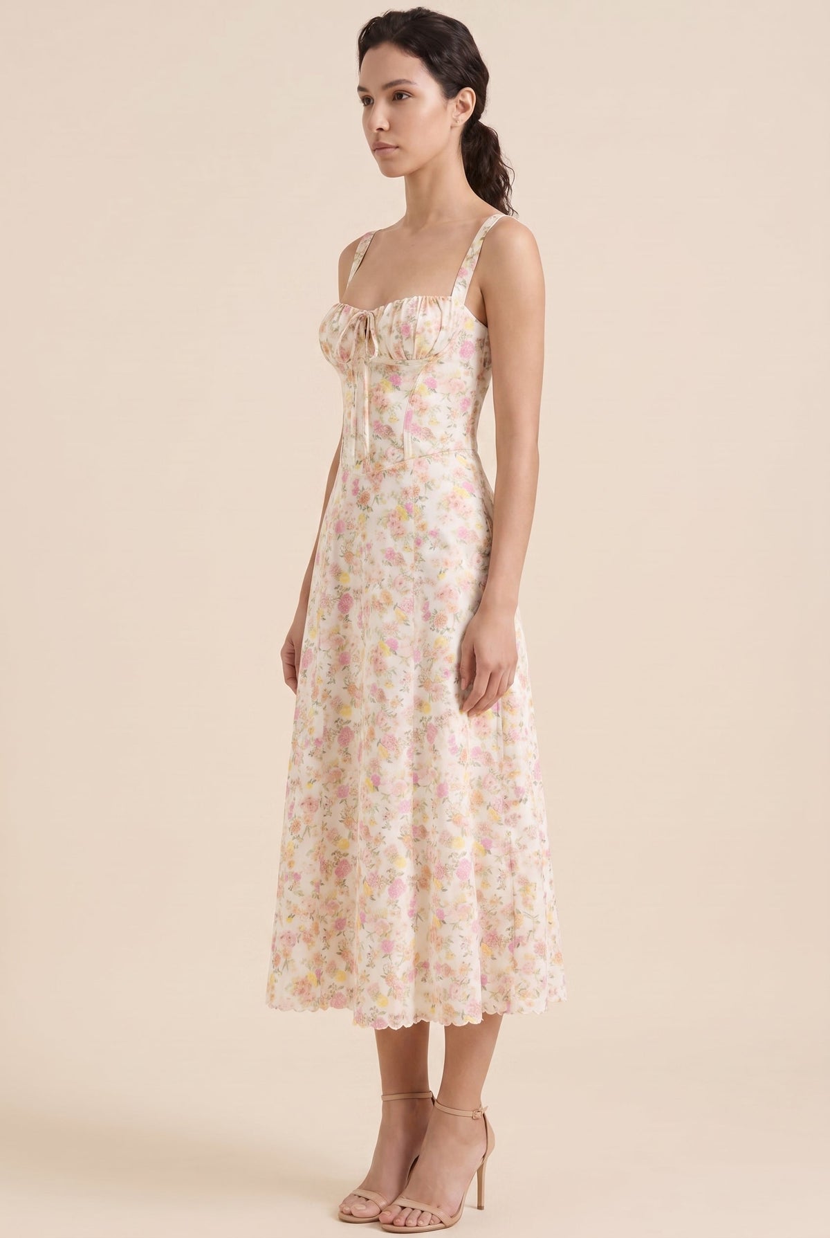 Women's Corset Sweetheart Neck A-Line Midi Dress - Ivory Yellow Floral