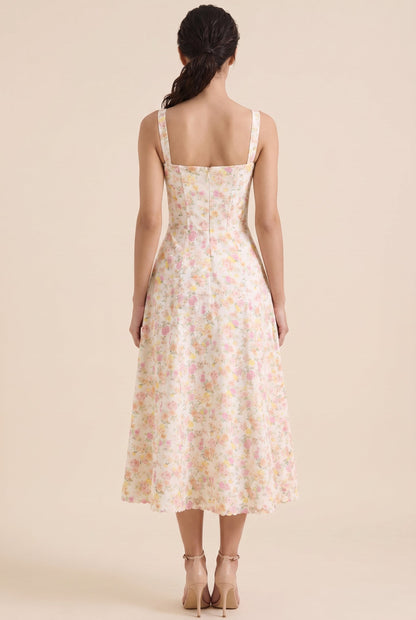 Women's Corset Sweetheart Neck A-Line Midi Dress - Ivory Yellow Floral