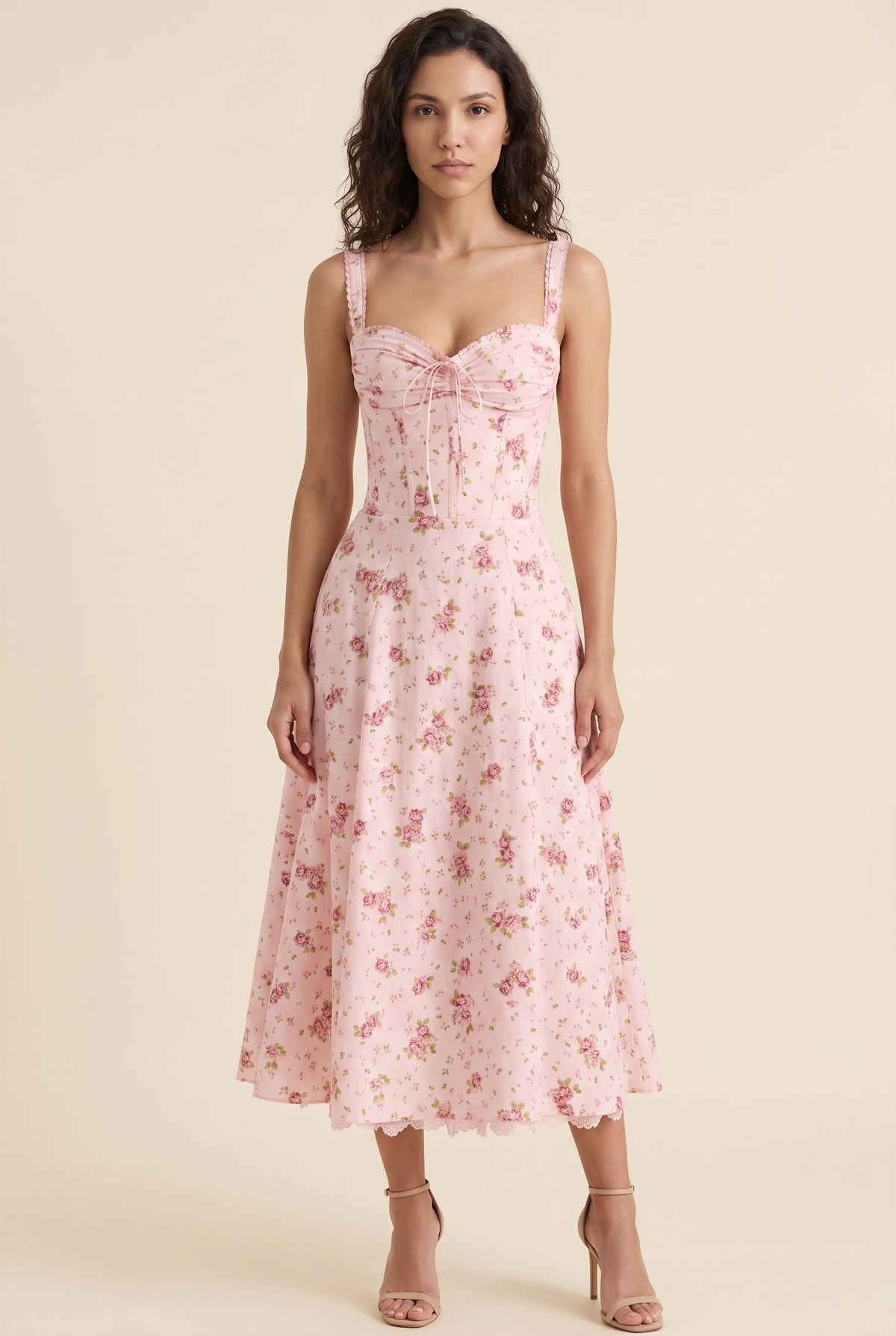 Women's Corset Sweetheart Neck A-Line Midi Dress - Rose Pink Floral
